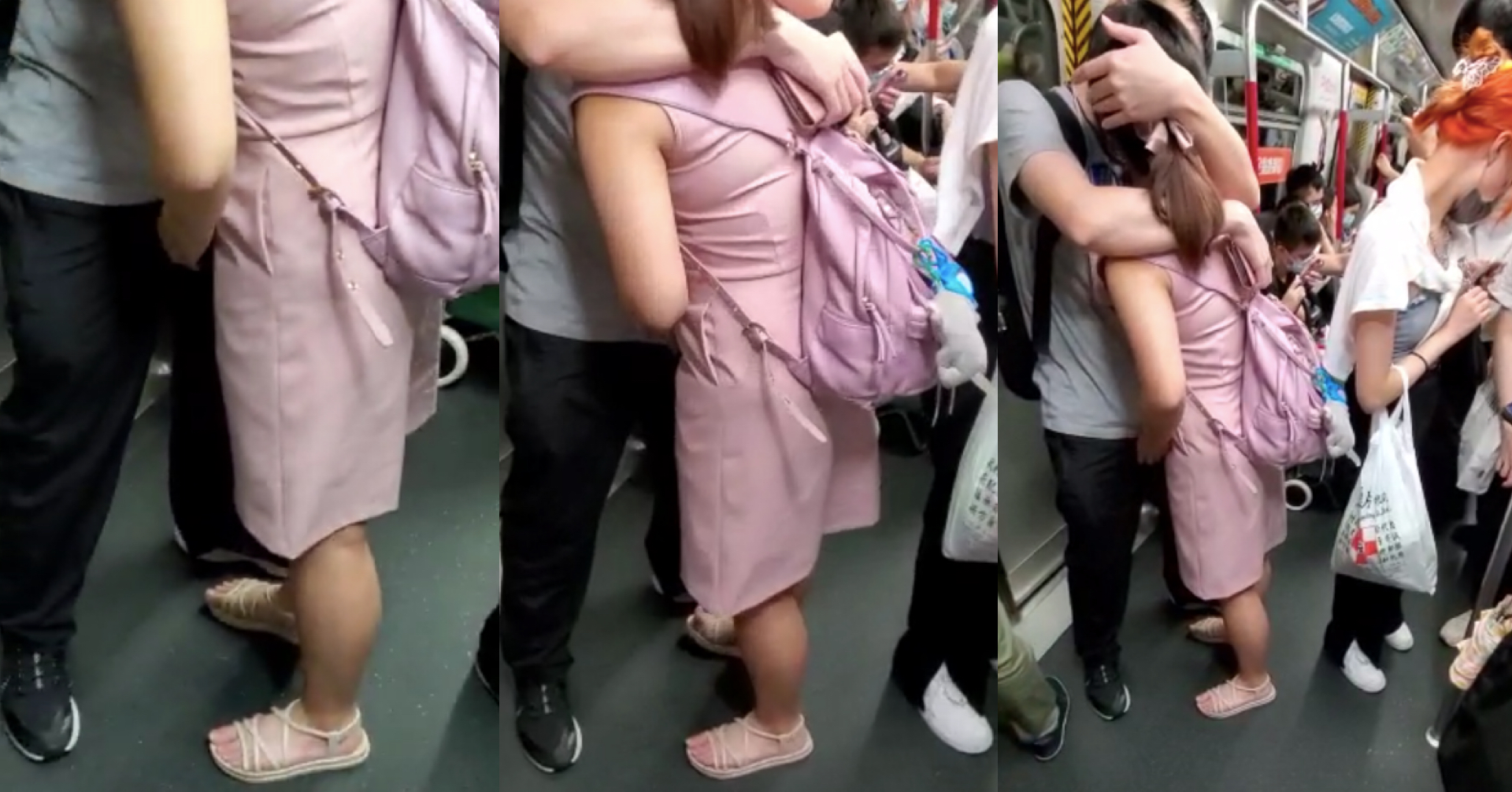 粉紅港女喺港鐵車廂揸條仔碌鳩 下站旺角